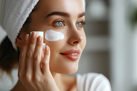 woman applying cream on her cheekの素材