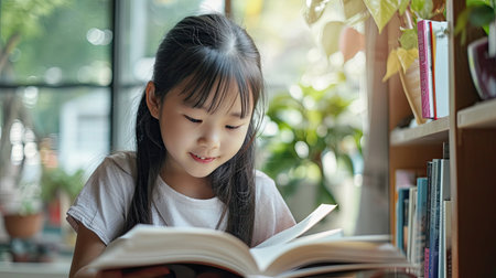 Asian child reading book at homeの素材