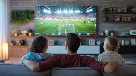 Caucasian family watching tv with football match on screen. Global sport concept, digital composite image.の素材