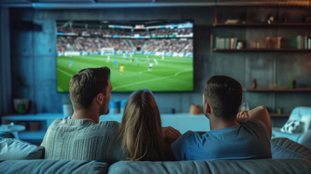 Caucasian family watching tv with football match on screen. Global sport concept, digital composite image.の素材