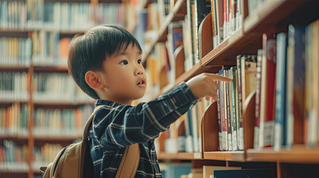 Child little youth study reading the book in library, Youth student in the classroom, Young kid point to book with bookshelf, Education thinking textbook concept.の素材
