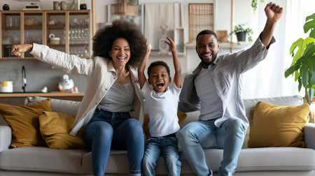 Full body multiethnic father and mother and son smiling and jumping on couch in cozy living roomの素材