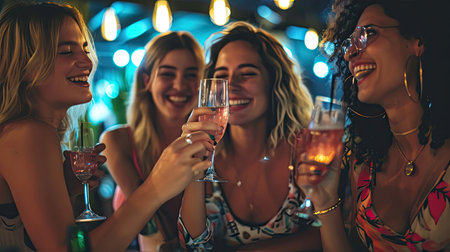 Group of girl friends enjoy talking and drinking at the bar restaurant together. Woman meeting at the party or event. Night lifestyle activity on weekendの素材