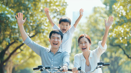 Happy Asian father and mother teach their son to ride a bicycle, Cheerful parent raise hands up in the air to support kid encouragement, family do activity together at park conceptの素材