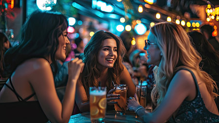 Group of girl friends enjoy talking and drinking at the bar restaurant together. Woman meeting at the party or event. Night lifestyle activity on weekendの素材