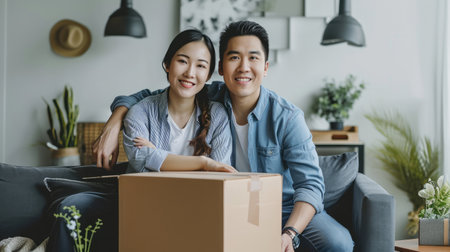Happy asian young attractive couple man and woman with big boxes moving into a new house, new apartment for couple the new home, Moving house. on sofaの素材