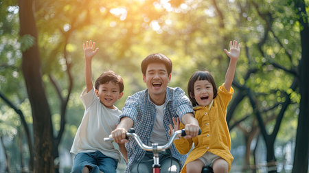 Happy Asian father and mother teach their son to ride a bicycle, Cheerful parent raise hands up in the air to support kid encouragement, family do activity together at park conceptの素材