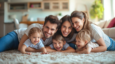 Happy family mother father and children at home on floor next to the sofaの素材