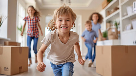 Happy young family with cardboard boxes in new home at moving day concept, excited children running into big modern own house hallway, parents with belongings at background, mortgage loan, relocationの素材