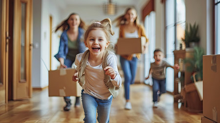 Happy young family with cardboard boxes in new home at moving day concept, excited children running into big modern own house hallway, parents with belongings at background, mortgage loan, relocationの素材