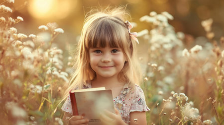 Pretty girl The little girl is happy with the book.の素材