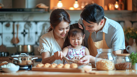 Portrait of enjoy happy love Asian family father and mother with little Asian girl daughter child play and having fun cooking food together with baking cookie and cake ingredient in kitchenの素材