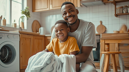Optimistic black family father and happy son in casual clothes smiling and covering themselves with towel while sitting on floor and doing laundry in kitchen at homeの素材