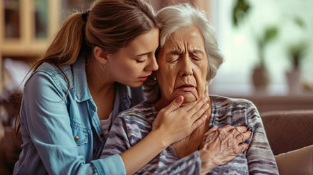 Senior woman suffering, clutching, and having difficulty breathing, chest pain, or heart attack daughter help and support her mother, life, and living insuranceの素材