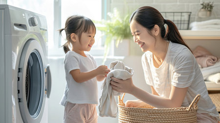 Smile Asian woman sitting in front of a washing machine handing cloth from a basket to her cute daughter to smell after cleaning it in a laundry room at home.の素材