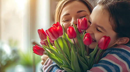 Tender son kisses the happy mother and gives her a bouquet of tulips, congratulating her on Mother's day during a holiday celebration at homeの素材