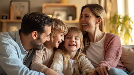 Smiling family in the living roomの素材