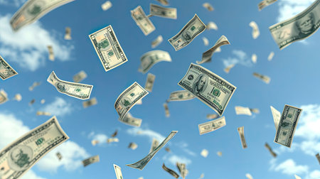 100 US Dollar, bills flying on blue sky background, 3D Rendering without motion blurの素材