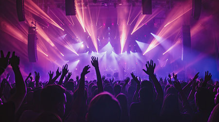 Crowd with raised hands at concert - summer music festivalの素材