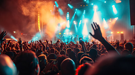 Crowd with raised hands at concert - summer music festivalの素材