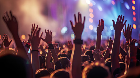 Crowd with raised hands at concert - summer music festivalの素材