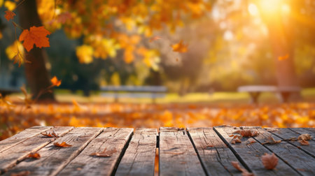 The empty wooden table top with blur background of autumn. Exuberant image.の素材