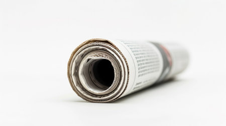 Rolled Business Newspaper with the headline News isolated on white background, Daily Newspaper mock-up conceptの素材