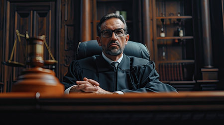 Cinematic Court of Law and Justice Trial: Portrait of Impartial Male Judge Listening To the Pleaded Case. Unbiased Decision after Hearing Arguments. Deliberation on Guilty, Not Guilty Verdict.の素材