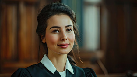 Cinematic Court of Law Trial: Portrait of Impartial Smiling Female Judge Looking at Camera. Wise, Incorruptible, Fair Justice Doing Her Job Professionally, Sentencing Criminals and Protecting Innocentの素材