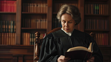 Court of Law Trial in Session: Portrait of Honorable Female Judge Reading Decision. Presiding Justice Pronouncing Sentence. Guilty, Not Guilty Verdict Judgment. Medium Portrait Shotの素材