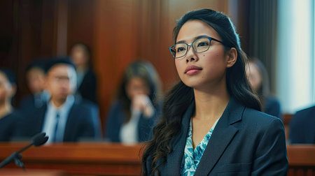Court of Justice and Law Trial: Female Public Defender Presenting Case, Making Passionate Speech to Judge, Jury. Multiethnic Attorney Lawyer Protecting Client's Innocents with Supportive Evidence.の素材