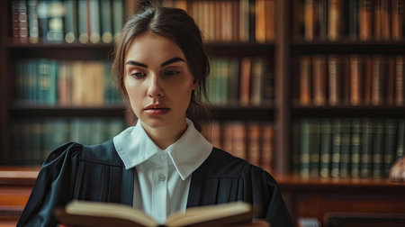 Court of Law Trial in Session: Portrait of Honorable Female Judge Reading Decision. Presiding Justice Pronouncing Sentence. Guilty, Not Guilty Verdict Judgment. Medium Portrait Shotの素材