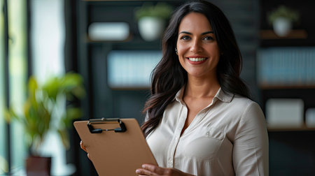 Middle age hispanic woman smiling confident holding clipboard at officeの素材