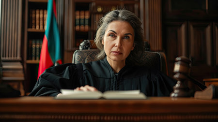 Court of Law Trial in Session: Portrait of Honorable Female Judge Reading Decision. Presiding Justice Pronouncing Sentence. Guilty, Not Guilty Verdict Judgment. Medium Portrait Shotの素材