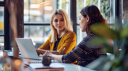 Women office worker discussing a new project with a colleague during the working day in co-workingの素材