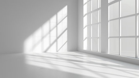 Abstract white studio background for product presentation. Empty room with shadows of window.の素材