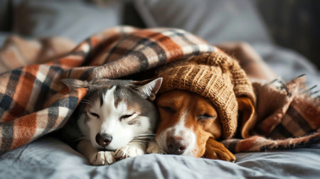 Cold at home, dog and cat are basking in a hat and under warm blanket. Dog and cat together under plaidの素材