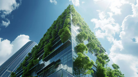 Eco-friendly building in the modern city. Sustainable glass office building with trees for reducing heat and carbon dioxide. Office building with green environment. Corporate building reduce CO2の素材