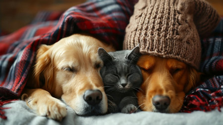 Cold at home, dog and cat are basking in a hat and under warm blanket. Dog and cat together under plaidの素材