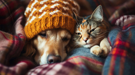 Cold at home, dog and cat are basking in a hat and under warm blanket. Dog and cat together under plaidの素材