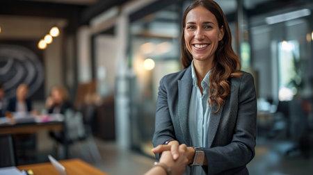 Happy mid aged business woman manager handshaking greeting client in office. Smiling female executive making successful deal with partner shaking hand at work standing at meeting table.の素材