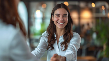 Happy mid aged business woman manager handshaking greeting client in office. Smiling female executive making successful deal with partner shaking hand at work standing at meeting table.の素材