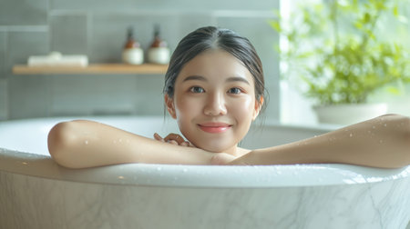 Portrait beautiful young asian woman relax enjoy in bathtub in bathroom interiorの素材