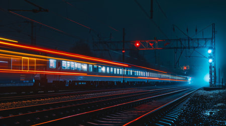 Nighttime shot of an electric train with light crossingの素材