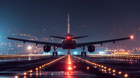 Passenger Airplane take off from runways at nightの素材