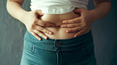 Obese Woman with fat upset about her belly. Overweight woman touching his fat belly and want to lose weight. Fat woman worried about weight diet lifestyleの素材