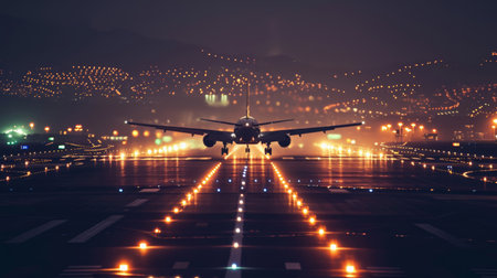 Passenger Airplane take off from runways at nightの素材
