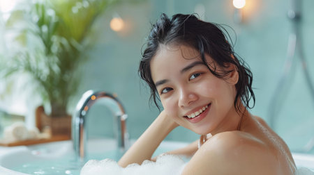Portrait beautiful young asian woman relax enjoy in bathtub in bathroom interiorの素材