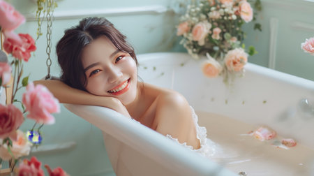 Portrait beautiful young asian woman relax enjoy in bathtub in bathroom interiorの素材