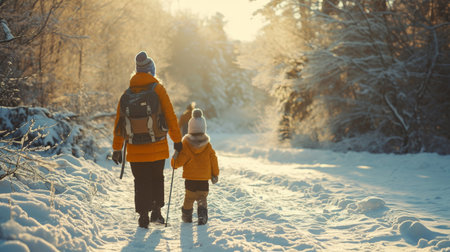 Rear view of family with two small children in winter nature, walking in the snow.の素材
